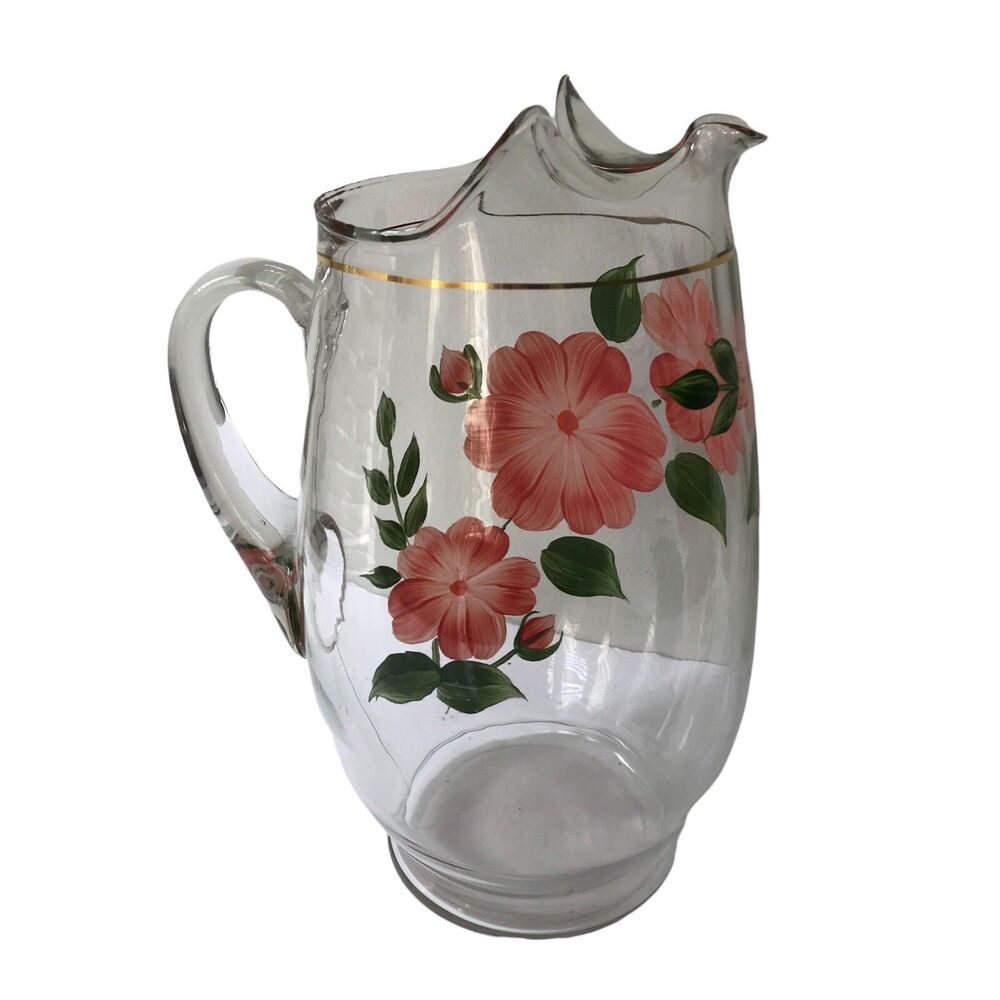 RARE VINTAGE Dunbar Red Dogwood 10.5" Juice Beverage Glass MCM Floral Pitcher
